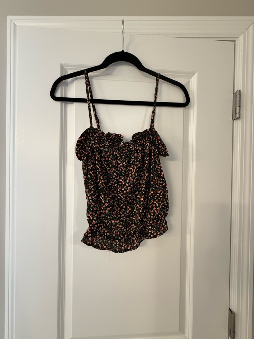 Floral Ruffle Smocked Cami Top - Black with Pink Flowers